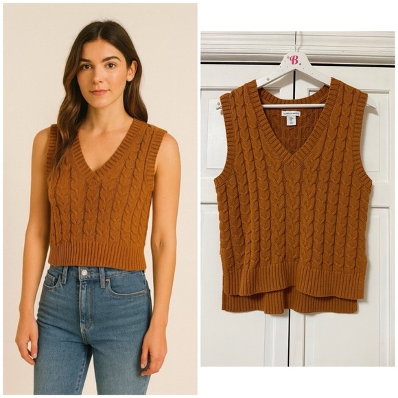 cupcakes & cashmere Sweaters - Cupcakes and Cashmere Burnt Orange Brown Cable Knit Sweater Vest Academia